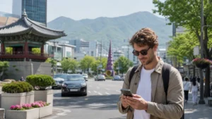 Traveller using mobile data on a Daegu city street