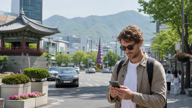 Traveller using mobile data on a Daegu city street