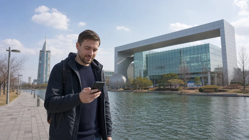 Traveller checking mobile data in modern Daejeon