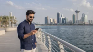 Traveller using mobile data on the Dammam waterfront.