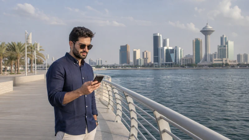 Traveller using mobile data on the Dammam waterfront.
