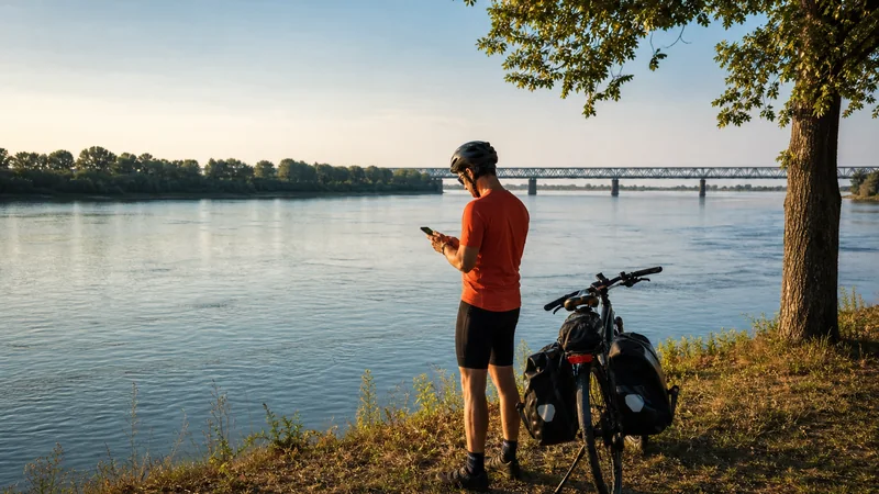 Traveller using a smartphone beside the Danube in Bulgaria
