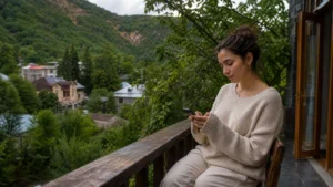 Traveller using a smartphone while using mobile internet in Dilijan