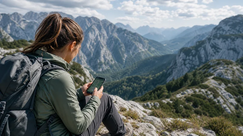 Traveller using a smartphone during mobile internet in dinaric alps in Bosnia and Herzegovina.