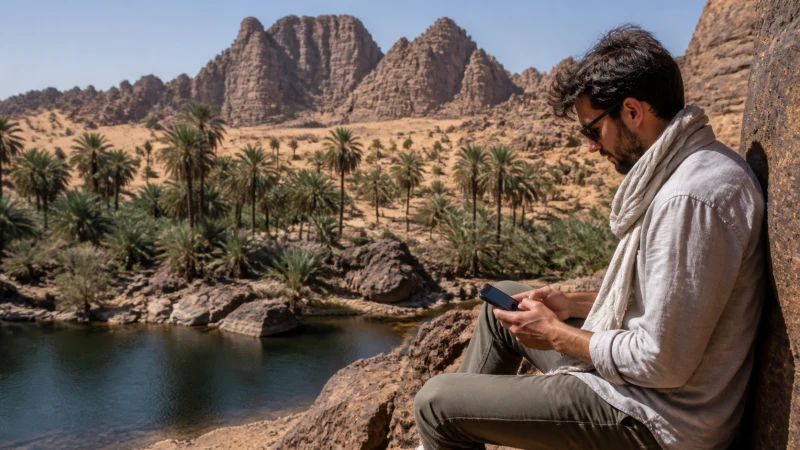Traveller using mobile internet in Djanet Algeria