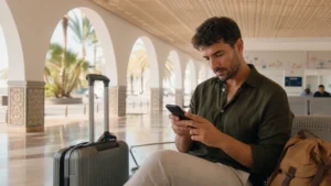 Traveller using a smartphone for Djerba Airport eSIM Setup in Tunisia