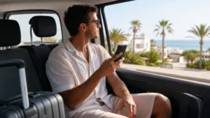 Traveller using a smartphone for Djerba Airport To Resort Mobile Internet in Tunisia