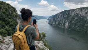 Traveller using a smartphone during mobile internet in đerdap national park in Serbia.