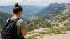 Traveller checking an eSIM connection on a mountain route in the Balkans.