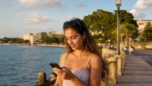 Traveller using a smartphone in the Dominican Republic for does esim work dominican republic