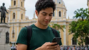 Traveller using a smartphone in El Salvador while researching does esim work in el salvador? a complete traveller guide