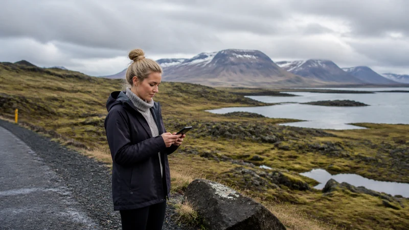 Traveller using a smartphone in Iceland