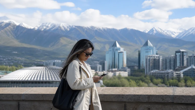 Traveller checking an eSIM connection above central Almaty.