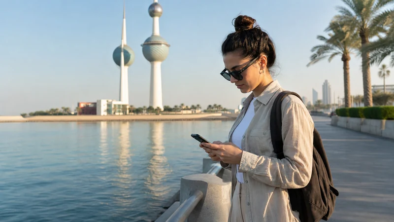 Traveller using a smartphone in a Kuwait setting related to will an esim work in kuwait? what travellers need to know