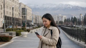 Traveller using a smartphone in Kyrgyzstan for does esim work kyrgyzstan
