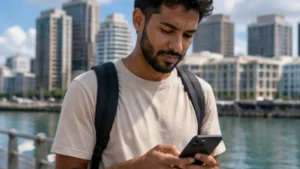 Traveller using a smartphone in Mauritius while researching does esim work in mauritius? a complete traveller guide