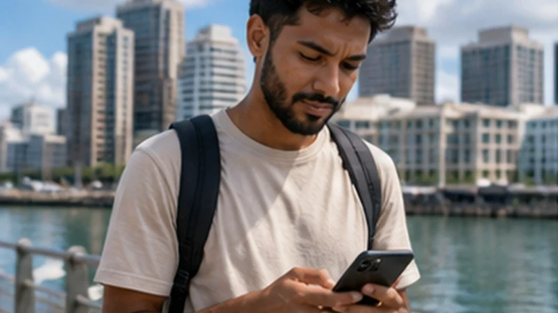 Traveller using a smartphone in Mauritius while researching does esim work in mauritius? a complete traveller guide