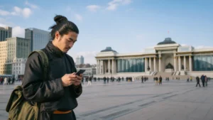 Traveller using a smartphone in Mongolia for does esim work mongolia