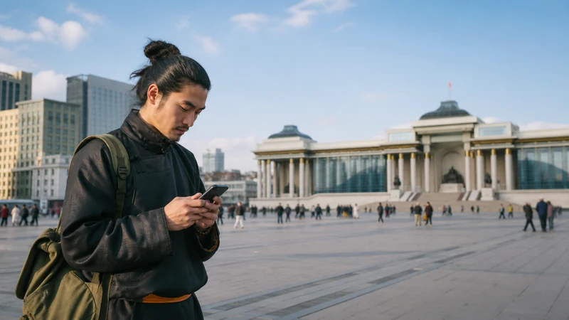 Traveller using a smartphone in Mongolia for does esim work mongolia