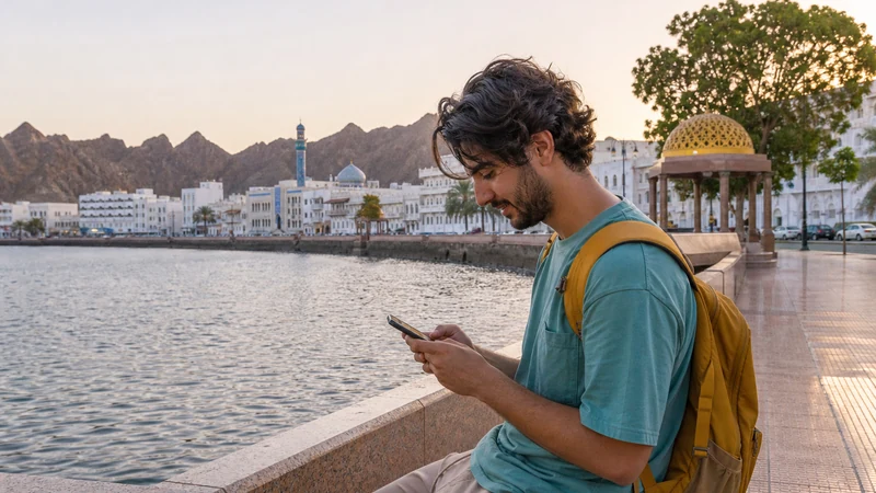 Traveller using a phone on muscat's muttrah corniche