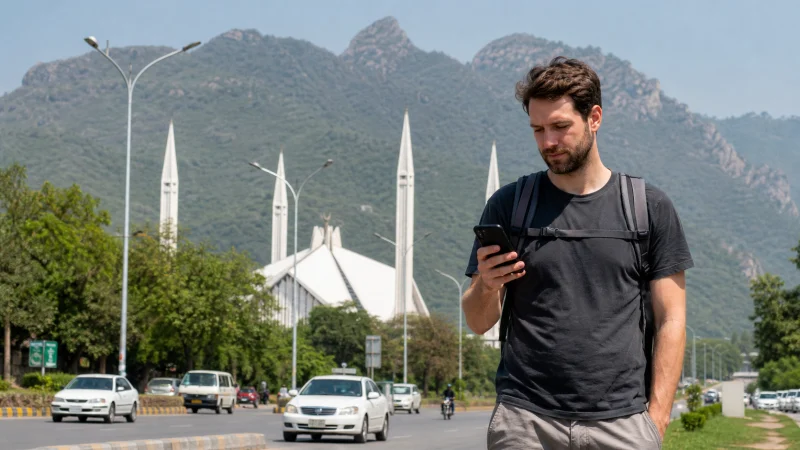Traveller checking a smartphone in central Islamabad