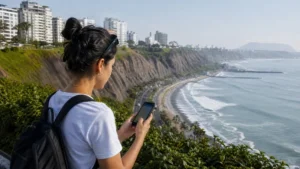 Traveller using a smartphone in Peru for does esim work peru