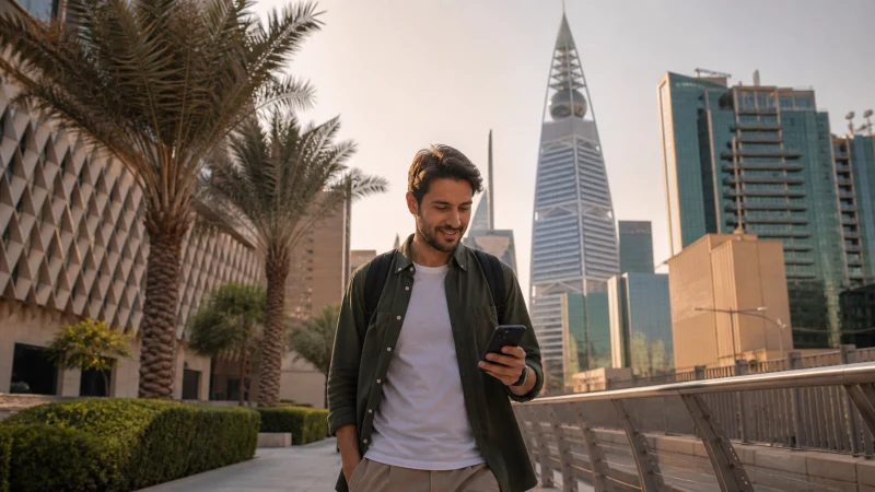 Traveller checking an eSIM connection in central Riyadh.