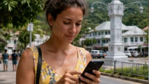 Traveller using a smartphone while visiting Seychelles