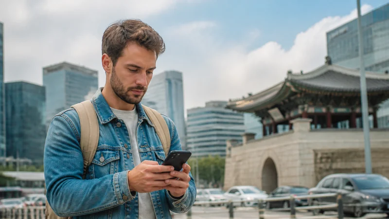 Traveller checking a smartphone in central Seoul