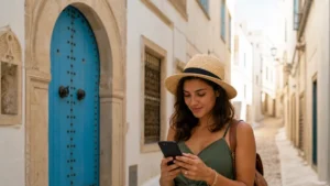 Traveller checking a smartphone beside the Medina of Tunis