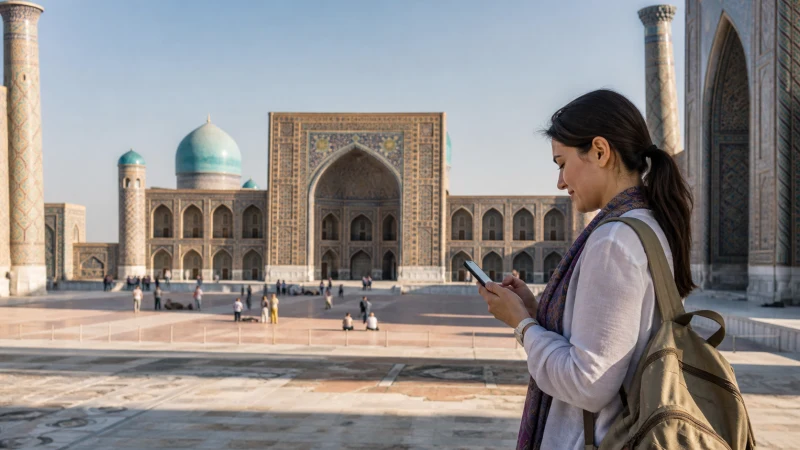 Tourist using a smartphone at Registan Square in Samarkand.