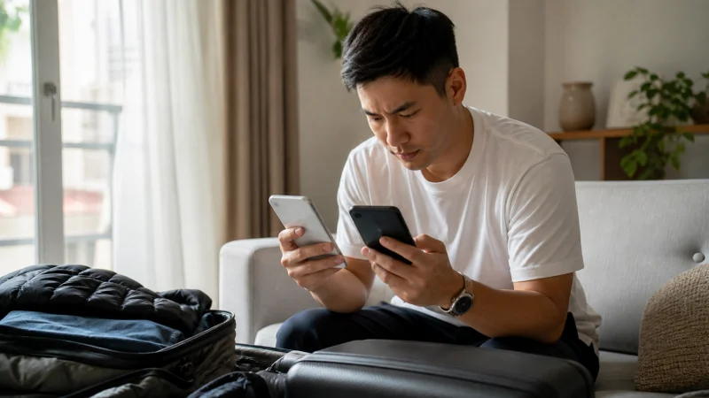 Traveller using a smartphone during a trip in Belgium
