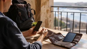 Traveller using a smartphone in Malta while checking phone compatibility for a Malta eSIM