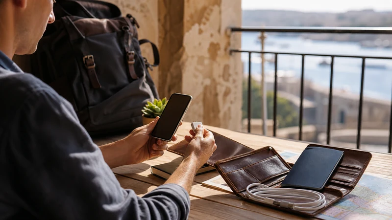 Traveller using a smartphone in Malta while checking phone compatibility for a Malta eSIM