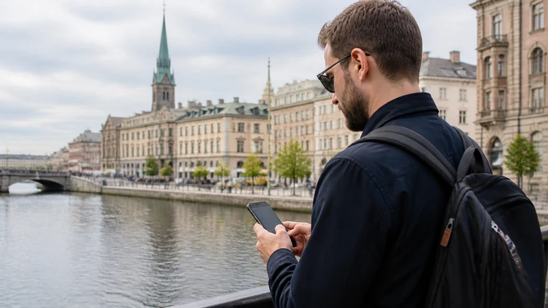 Traveller using a smartphone while preparing for does my phone support an esim for sweden