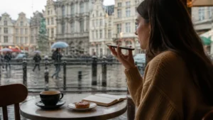 Traveller using a smartphone during a trip in Belgium