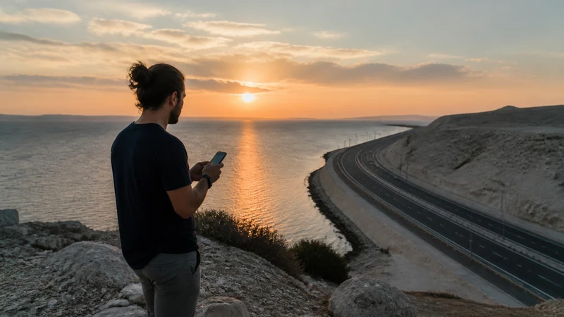 Traveller using a smartphone in road traveller using a phone at a safe viewpoint toward Al Khor