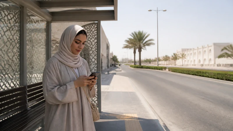 Traveller using a smartphone in traveller checking directions at a clean suburban transit stop toward Al Wakrah