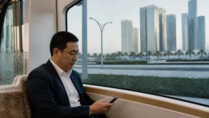 Traveller using a smartphone in passenger using a phone during the Doha-to-Lusail journey