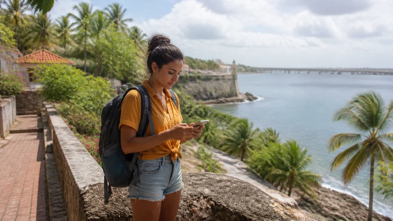 Traveller using a smartphone in the Dominican Republic for dominican republic backpacking mobile internet