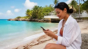 Traveller using a smartphone in the Dominican Republic for dominican republic beach mobile internet