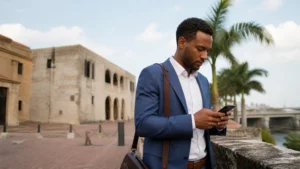 Traveller using a smartphone in the Dominican Republic for dominican republic business travel internet