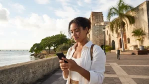 Traveller using a smartphone in the Dominican Republic for dominican republic esim android