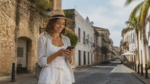 Traveller using a smartphone in the Dominican Republic for dominican republic esim coverage