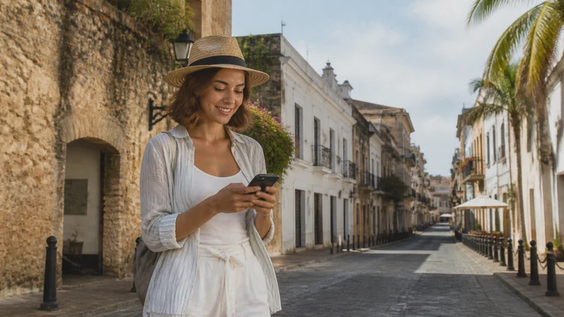Traveller using a smartphone in the Dominican Republic for dominican republic esim coverage