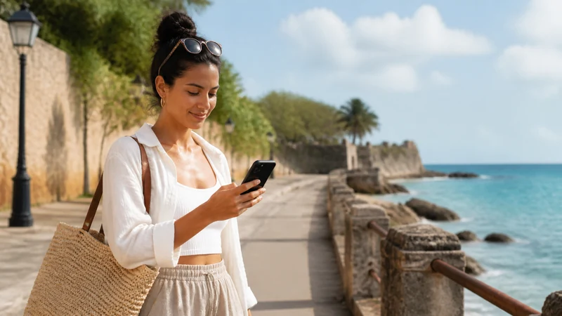 Traveller using a smartphone in the Dominican Republic for dominican republic esim for caribbean trip