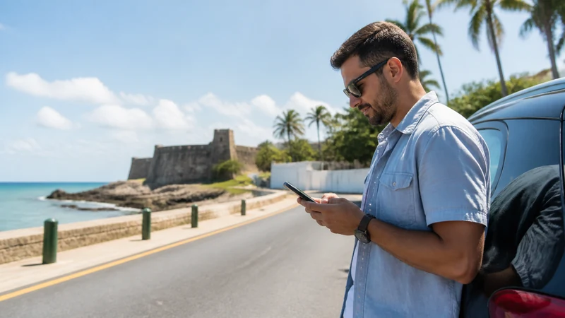 Traveller using a smartphone in the Dominican Republic for dominican republic esim for rental car