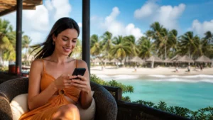Traveller using a smartphone in the Dominican Republic for dominican republic esim for resort