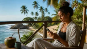 Traveller using a smartphone in the Dominican Republic for dominican republic esim hotspot