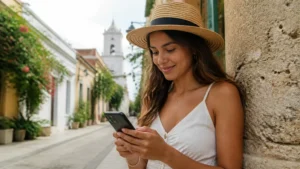 Traveller using a smartphone in the Dominican Republic for dominican republic esim price comparison